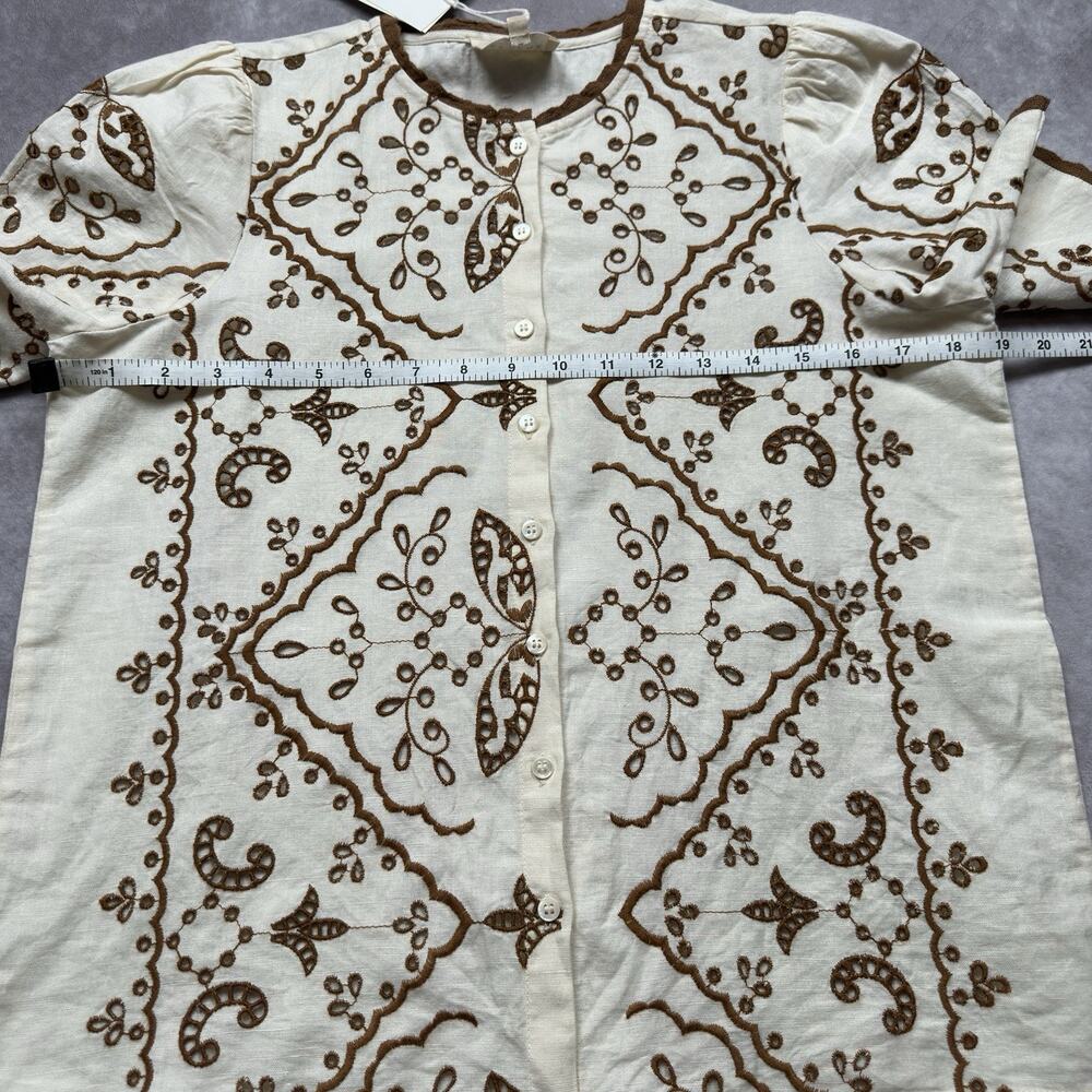 Sezane Waverly Blouse NWT Beige Brown Embroidered Linen Cotton Lace Trim 36 US 4 - Picture 11 of 16